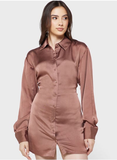 Buy Balloon Sleeve Button Detail Dress in UAE