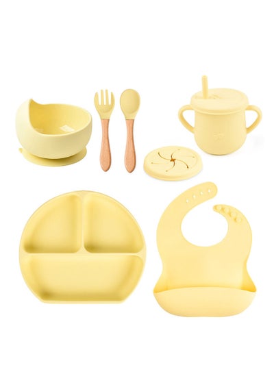 Buy Baby Feeding Set Suction - Silicone Suction Bowls, Divided Plates, Straw Sippy Cup - Baby Self Feeding Eating Utensils Set with Bibs, Spoons, Fork in UAE