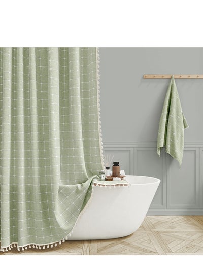 Buy Linen Farmhouse Shower Curtain with Tassel, Rustic Heavy Duty Fabric Set, Water Repellent, Bohemian Vintage Country Design, Thick Cloth Bathroom Shower Curtains, Sage Green, 72x72 in Saudi Arabia