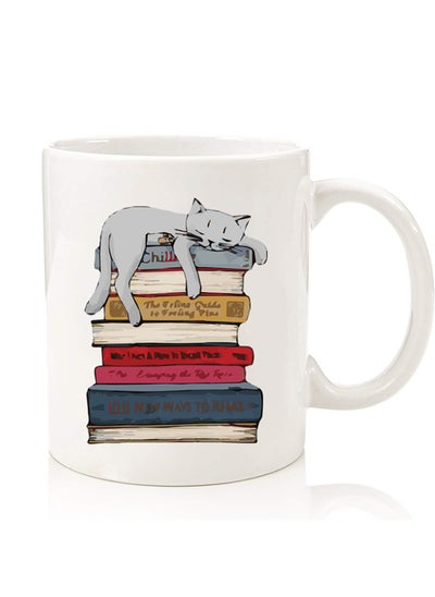 اشتري Premium Quality Two Sided Printed Coffee Mug Tea Cup For Home Office, Kids Men Women Cat on books في الامارات