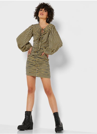 Buy Checked Ruffle Detail Ruched Dress in UAE