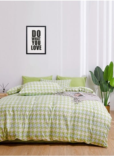 Buy 4-Piece Checkered Design Green Color Without Filler Duvet Cover Set1xDuvet Cover 160x210 cm, 1xBedsheet Cover 100x200+30 cm, 2xPillow Cover 50x75 cm in UAE