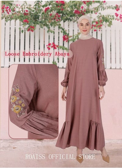 Buy Ladies Long Dress Loose Casual Embroidered Long Sleeves Round Neck Dress Pleat Hem Abaya for Ladies Ramadan Eid al-Adha Gift in UAE