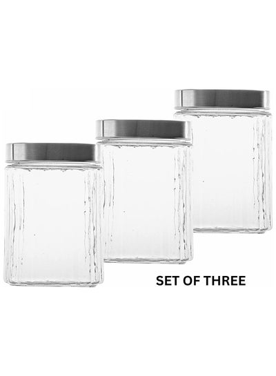 Buy VOIDROP Set Of 3 Airtight Glass Jar with Vertical Pattern with Silver Lid Clear Food Storage for Noodles Flour Rice Sugar Coffee Beans 1200ML in UAE