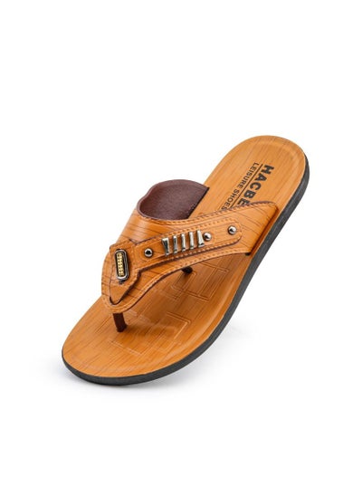 Buy Men Leather Flip-flops Yellow in Saudi Arabia