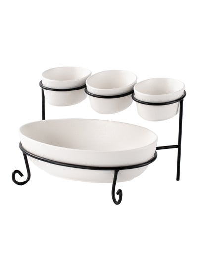 اشتري Shallow Porcelain 2-Tier Oval Serving Set with Black Stand Rack - 3x 10cm and 1x 24cm في الامارات