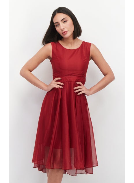 اشتري Women Solid Midi Dress, Dark Red في الامارات