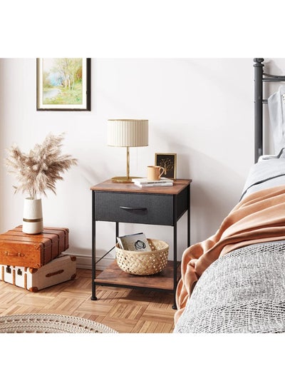 Buy Nightstand End Table with Fabric Storage Drawer and Open Wood Shelf Bedside Furniture with Steel Frame Side Table for Bedroom Dorm Easy Assembly Black and Rustic Brown in Saudi Arabia