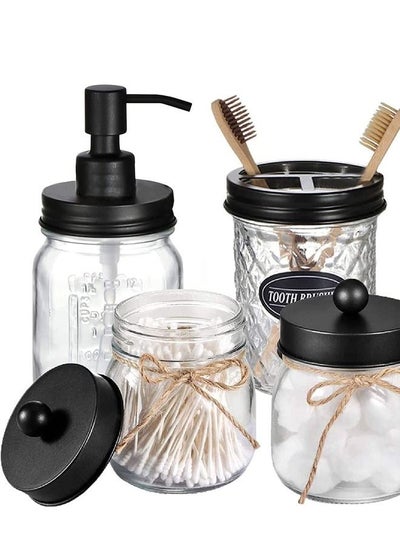 Buy 4 Pcs Premium Mason Jar Farmhouse Bathroom Decor, Lotion Soap Dispenser Toothbrush Holder & 2 Bathroom Jars (Black) in UAE