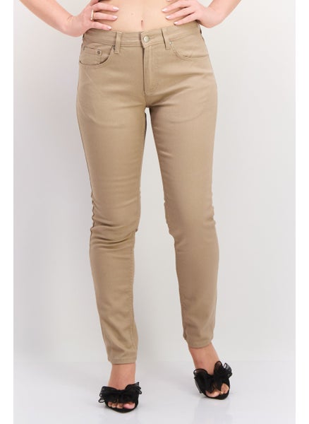 Buy Women Solid Stretchable Straight Leg Pants, Tan in UAE