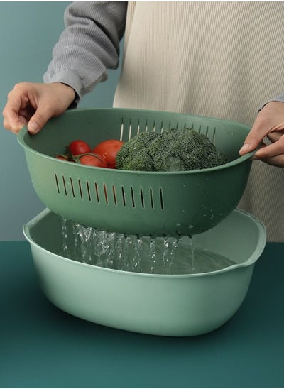 Buy Kitchen Double Drain Basket Plastic Multifunction Oval Washing And Storage Fruit Vegetable in UAE