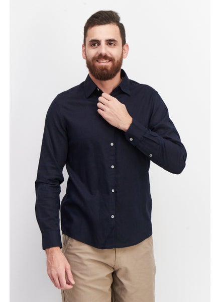 Buy Men Regular Fit Plain Long Sleeve Casual Shirt, Navy in Saudi Arabia