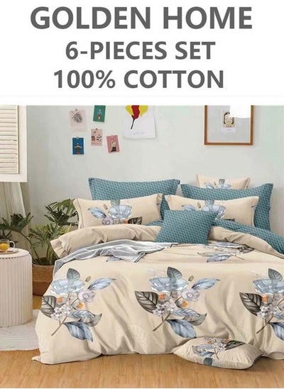 اشتري 6-Piece Printed Combination King Size Duvet Cover Set  Includes 1xFitted Bedsheet 200x200+30cm, 1xDuvet Cover 220x240 cm, 2xPillowcase 55x80cm, 2xCushion Case 45x70cm Cotton في الامارات