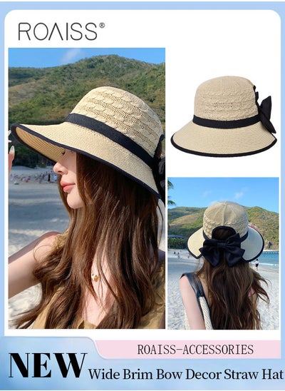 Buy Women's Wide Brim Bow Decor Straw Hat, Cool Breathable Sun Protection Ponytail Hat, Summer Beach Outdoor Hat Garden Fishing Hiking in Saudi Arabia