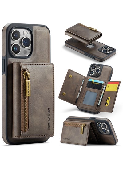 Buy CaseMe Wallet Case for iPhone 15 Pro DGMING Premium Leather Phone Case Back Cover Magnetic Detachable with Trifold Wallet Card Holder Pocket - Coffee in Egypt