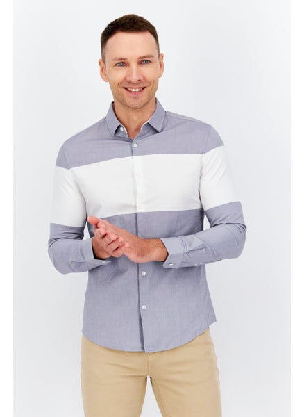 Buy Men Slim Fit Colorblock Long Sleeve Casual Shirt, Light Grey Melange/White in UAE