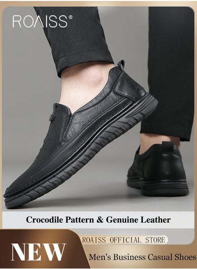 اشتري Men Business Casual Shoes Genuine Leather Shoes with Crocodile Pattern Slip Resistant Soft Sole Lace Free Design في السعودية