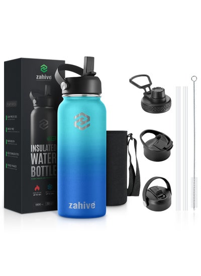 Buy Insulated Water Bottle 1l with 3 Lids & Bag - Straw Lid, Spout Lid - Stainless Steel Water Bottle with Straw - 1000ml Double Wall Thermos Water Bottle Flask for Hot & Cold (32oz, Ocean Blue) in UAE