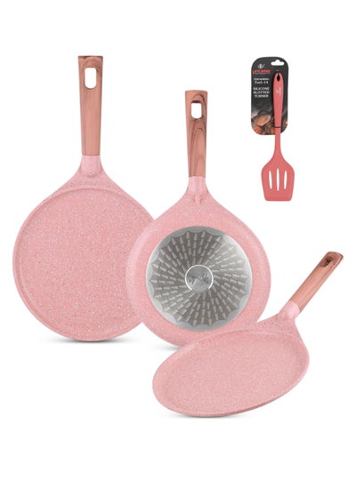 اشتري Crepe Pan Set with Silicone Turner -Die Cast Aluminum Body With Multi Layer Granite Non-Stick Coating | 100% PFOA FREE | Heat-Resistant Handle Hanging Loop (22/26/28 CM, Pink) في الامارات