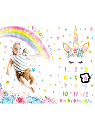 Buy Baby Monthly Milestone Blanket, Cute Unicorn Design, 60” × 40” Soft Fleece Photography Background Blanket Weekly Monthly Girls Infant Quilt Newborn Birthday in UAE