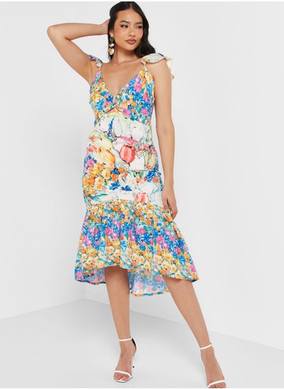 Buy Plunge Neck Printed Ruffle Dress in UAE