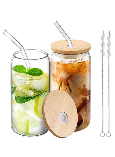 Buy Tycom Drinking Glasses with Bamboo Lids and Glass Straw, 500ml Beer Can Shaped Glass Cups, Tumbler Cup Ideal For Beer, Tea, Soda, Iced Coffee (2pc, 500ml) in UAE