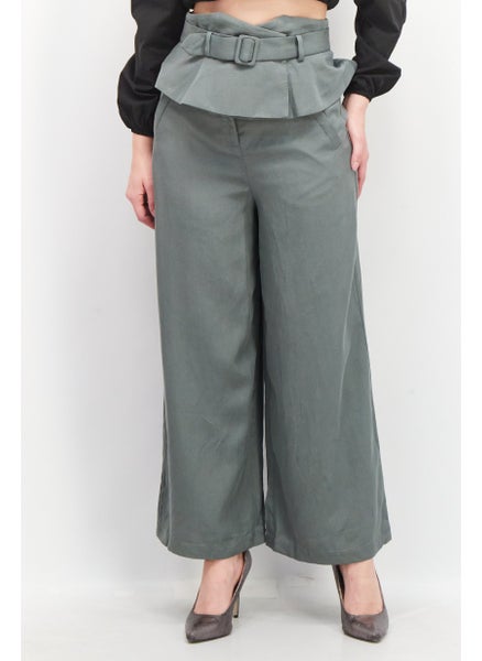 Buy Women Regular Fit Solid Wide Leg Pants, Balsam Green in UAE