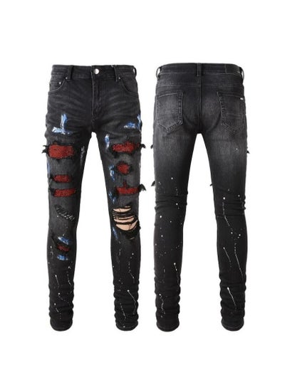 Buy Jeans High Street Fashion Brand Black Hole Patch Red Diamond Elastic Vintage Pants for Men in UAE