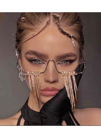 اشتري Syosi Fashion Face Chain Tassel Glasses No Lens Rhinestone Eyewear Decoration Metal Half Frame Diamond Glasses Frame For Women في الامارات