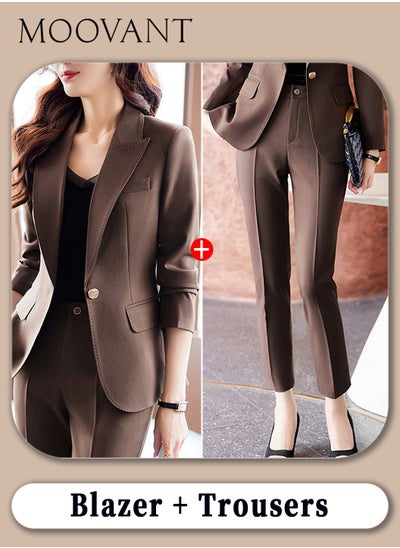 Buy Women's Casual Pants Suit, 2 Pieces Business Outfits, Solid Long Sleeve Blazer and Pencil Pant Sets, Coffee Brown in Saudi Arabia