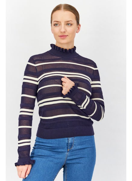 اشتري Women RuffleNeck Long Sleeves Striped Knit, Navy في الامارات