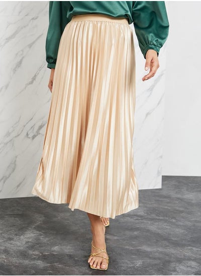 Buy Satin Elastic Waistband Pleated Midi Skirt in Saudi Arabia