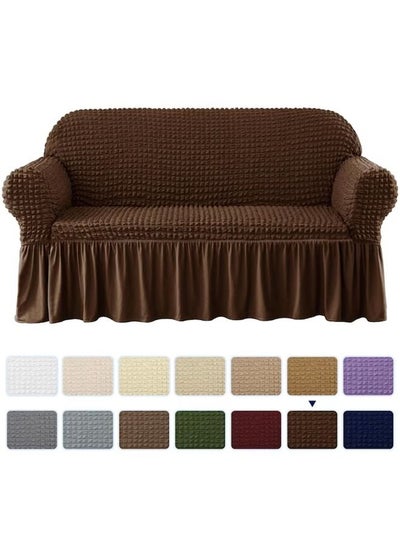 Buy Two Seater Super Stretchable Anti-Wrinkle Slip Flexible Resistant Jacquard Sofa Cover Brown 100-200cm in Saudi Arabia