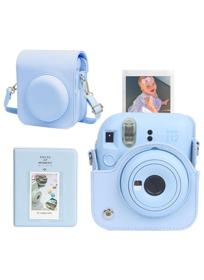 Buy Case for Fujifilm Instax Mini 12 Camera Protective PU Leather Bag Cover with Adjustable Shoulder Strap and Mini Photo Album 64 Pockets (Pastel Blue) in UAE