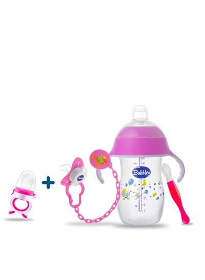 Buy 280 ml cup with 2 Teats Cup and Natural Nipple for 6 Months and Baby Silicone Soft Spoons and beveled pacifier +6 months with Chain, with Fruit Food Feeder teether Gift Rose Assorted in Egypt