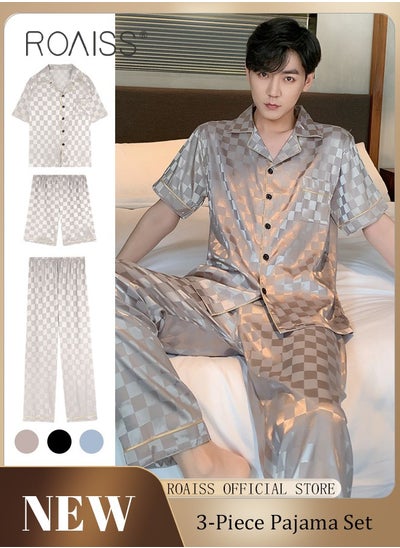 اشتري 3-Piece Set Men's Short Sleeves Pajamas Pants Trousers Sleepwear Sets Satin Grid Printing Silk Nightgown Male Loose Shirts Spring Summer Loungewear Home Clothes في السعودية