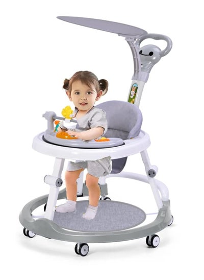 Buy MultiFunction Baby Walker with Awning, Round Kids Walker with Adjustable Height, Anti O-Leg, Can Sit and Push Baby Walker with Baby Toys & Music, for 6-18 Months Baby (Grey) in UAE