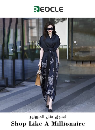 Buy Women's Satin Dress with Print Elegant Silk Dress A-Line Flowy Long Dress V Neck Short Sleeve Satin Dress in Saudi Arabia