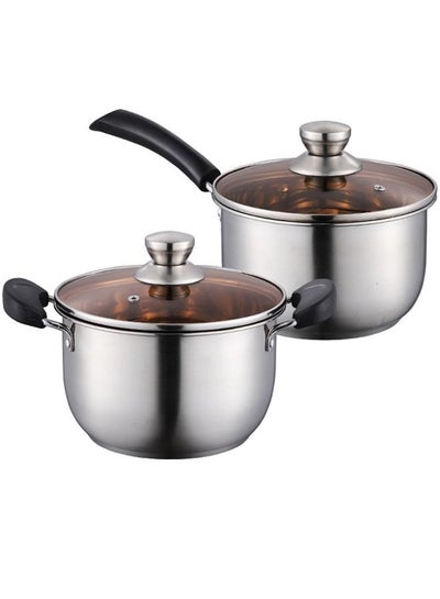 Buy Set of 4 Cookware Set Stainless Steel Soup Pots and Single Hand Milk pot with Tempered Glass Lid in UAE