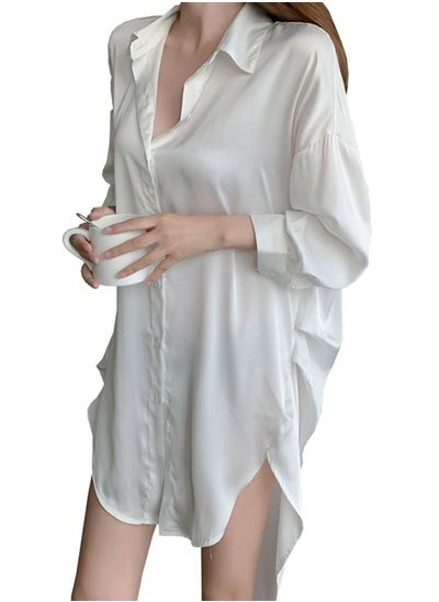 Buy Ladies Spring And Summer Long-Sleeved White Shirt Nightdress Solid Colour Sleepwear Nightwear in UAE