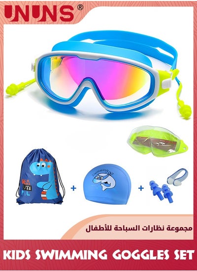 Buy Swimming Goggles Kids Set,Leak-Proof Swimming Goggles With Swim Cap,Waterproof Ear Plugs With Nose Clip And Swimming Bag,Anti-Fog Wide View Clear Goggles For Boys Girls 3-15,Blue Dolphin in UAE