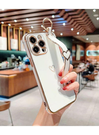 Buy Compatible With iPhone 15 Pro Case, iPhone 15 Pro Phone Case With Adjustable Wristband Kickstand Loop, Lovely Heart Luxury Plating Bumper, Raised Corner Shockproof Women Girls Cover, White in Saudi Arabia