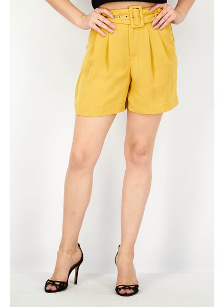 Buy Women Belted Plain Short, Dark Yellow in Saudi Arabia