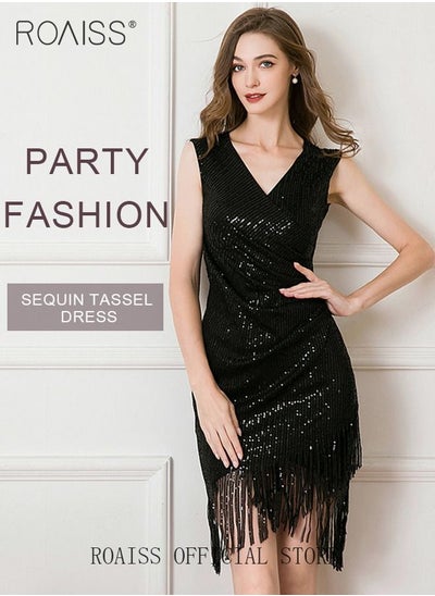 Buy Banquet Party Dress for Women Evening Dresses V Neck Sequins Knee-Length Sleeveless Prom Ball Gown Wedding Elegant Slim formal Dresses Bridesmaid Dress in Saudi Arabia