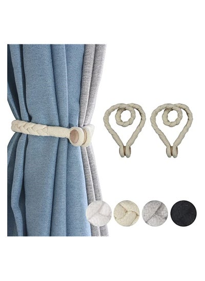 اشتري 2 Pack Beige Magnetic Soft Curtain Tiebacks Cotton Hand-Woven Tieback Holdback Home Decorative Tie Backs with Durable Wooden Buckle for Office Decor في السعودية