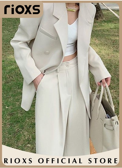 Buy Women's 2 Pieces Loose Blazer Suits Double Breasted Long Sleeve V Neck Jacket & Long Loose Leg Pants Comfortable and Stylish Outfits for Ladies in UAE