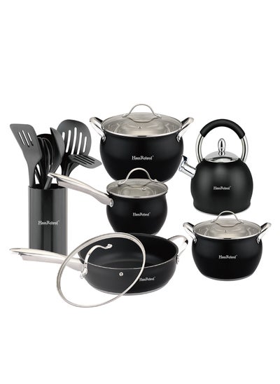 اشتري Cookware Set with Utensils, Stainless Steel Cooking Sets, Non-stick Pots and Pans Set, 15-Piece Set, Pots, Pans and Utensils, Black في السعودية