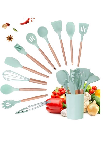 Buy 12 pcs Silicone Cooking Nonstick Utensils, Wooden Utensils Tool for Cookware, Non Toxic Turner Tongs Spatula Spoon Set with holder, Cooking Utensils Set with Bamboo Wood Handles Colours Green in UAE