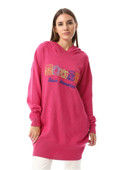 اشتري Hot Pink Save Memories Embroidered Pattern Hooded Sweater في مصر