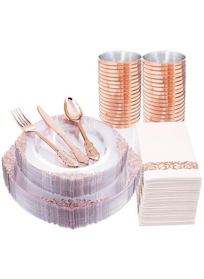 Buy 175PCS Clear Gold Plastic Plates - Gold Disposable Plates for 25 Guests Include 25Dinner Plates, 25Dessert Plates, 25Cups, 25Forks, 25Knives, 25Spoons, 25Napkins for Wedding & Party in Saudi Arabia